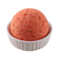 A vibrant scoop of strawberry sorbet in a white bowl, showcasing its delicious texture and bright color on a white isolate background. png