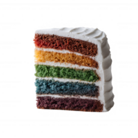 A vibrant slice of rainbow cake with layers of colorful sponge and fluffy frosting, isolated on a white background, perfect for celebrations and desserts. png