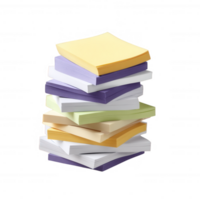 A vibrant stack of colorful sticky notes, featuring various shades of yellow, purple, green, and white, ideal for office environments and organizational tasks. png