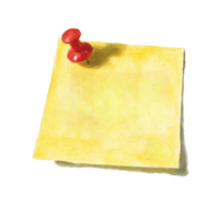 A vibrant yellow sticky note with a red push pin attached, isolated on a white background. Perfect for reminders, messages, or creative projects. png