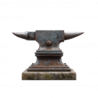 A weathered anvil on a white isolated background, showcasing its rustic texture and sturdy design, perfect for illustrations related to blacksmithing and metalworking. png