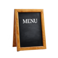A wooden framed chalkboard menu sign, standing upright, with the word 'MENU' elegantly displayed on a black background. Perfect for restaurants or cafes to showcase offerings. png
