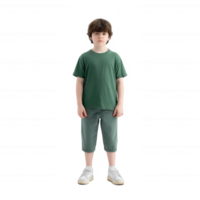 A young boy standing straight in a green t-shirt and light pants, looking directly at the camera with a neutral expression, isolated on a white background. png