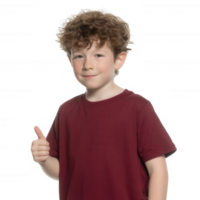 A young boy with curly hair giving a thumbs up gesture, expressing positivity and happiness. Isolated on a white background. png