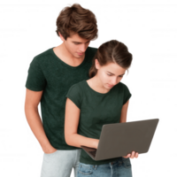 A young couple collaborates on a laptop, showcasing teamwork and modern technology. They are casually dressed and immersed in their task, creating a warm and engaging atmosphere. png