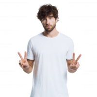 A young man making a peace gesture with both hands, wearing a plain white t-shirt, with a neutral expression on a white isolate background. png