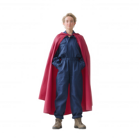 A young person wearing a superhero cape poses confidently. The outfit's bright colors contrast against the white background, creating a vibrant and empowering image. png