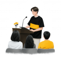 A young speaker delivers a presentation to an audience. The speaker stands confidently at a podium, engaging the listeners who show interest and attentiveness. png
