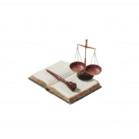 An artistic representation of a law book with a gavel and scales of justice, symbolizing the legal profession and justice system, white isolated background. png