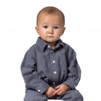 Adorable toddler sitting confidently in a neat gray outfit, showcasing innocence and curiosity with a thoughtful expression against a white isolated background. png
