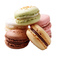 An assortment of colorful macarons stacked together, showcasing their delicate textures and vibrant hues against a white isolate background. png