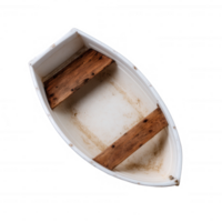 An isolated view of a small white boat with wooden benches, showcasing its simple design and functionality, ideal for fishing or leisurely rides on calm waters. png