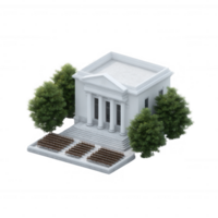 Architectural building with columns, surrounded by trees, isolated on a white background. png