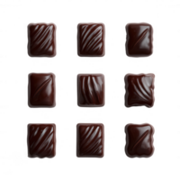Assorted chocolate candies arranged in a grid pattern on a white isolate background, showcasing their smooth, glossy texture and rich color. png