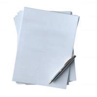 Blank sheets of paper stacked with a silver pen beside them on a white background, ready for note-taking or sketching ideas. png