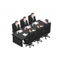 Business meeting scene with six professionals in suits discussing strategies around a large table, emphasizing teamwork and collaboration in a corporate environment. png