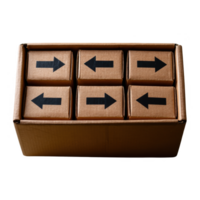 Cardboard boxes with directional arrows, suitable for packaging or shipping. Ideal for logistics and supply chain visuals, on a white isolated background. png