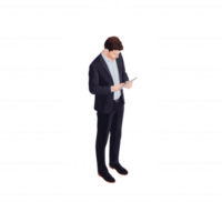 Businessman analyzing data on a tablet, standing confidently. Professional attire with a modern presentation, isolated background for versatile use in various contexts. png