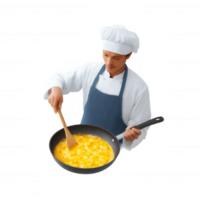 Chef stirring scrambled eggs in a frying pan, professional kitchen setting, focus on culinary skills and food preparation. png