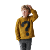 Child in a yellow sweater with a question mark, looking thoughtfully while scratching his head against a white background. png