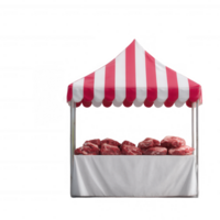 Colorful food market stall with a striped red and white canopy displaying fresh cuts of meat on a white tablecloth, isolated on a white background. png