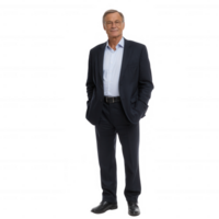 Confident business professional posing in smart attire, standing with hands in pockets against a white isolated background. png