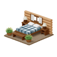 Cozy wooden bedroom design featuring a checkered bedspread, bedside lamps, and potted plants, ideal for creating a warm and inviting atmosphere. png