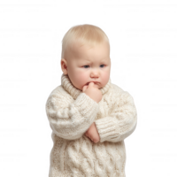 Cute toddler in a cozy sweater, thoughtfully posing with an intriguing expression. Isolated on a white background, perfect for family-oriented themes. png