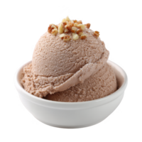 Delicious chocolate ice cream topped with nuts, served in a white bowl on a white isolated background. png