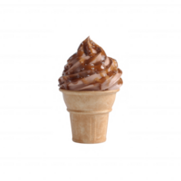 Delicious chocolate soft-serve ice cream in a waffle cone, topped with a rich caramel drizzle on a white isolated background. png