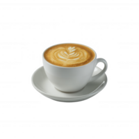 Delicious coffee latte with beautiful foam art in a white cup on a saucer, isolated on a white background. png