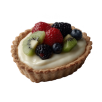 Delicious fruit tart with a creamy filling, topped with fresh strawberries, raspberries, blackberries, blueberries, and kiwi slices on a golden crust. png