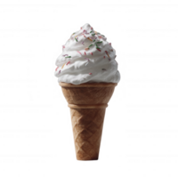 Delicious ice cream cone topped with fluffy whipped cream and colorful sprinkles, set against a white isolated background. png