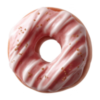 Delicious pink frosted doughnut with white icing and sprinkles on a pristine white background, perfect for treating yourself or enhancing any dessert selection. png