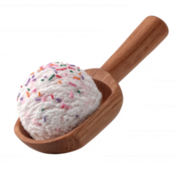 Delicious scoop of ice cream with colorful sprinkles in a wooden scoop against a white isolated background. png