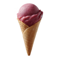 Delicious scoop of raspberry sorbet served in a crispy waffle cone, perfect for hot summer days, showcasing vibrant colors and delightful textures against a white background. png
