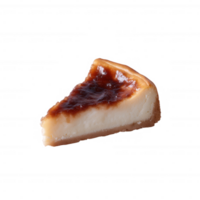 Delicious slice of creamy cheesecake with a glossy caramel topping, placed on a white background for an elegant presentation. png