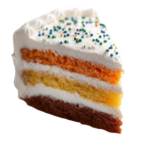 Delicious slice of layered cake with colorful frosting and sprinkles, perfect for celebrations. Isolated on a white background for clear focus. png