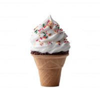 Delicious soft-serve ice cream topped with colorful sprinkles in a crispy cone on a white isolate background. png