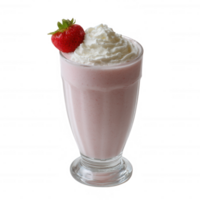 Delicious strawberry milkshake topped with whipped cream and a fresh strawberry. Perfect for a refreshing treat on a hot day, served in a tall glass with a smooth creamy texture. png