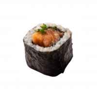 Delicious sushi roll with salmon, wrapped in nori and sprinkled with fresh herbs, isolated on a clean background for an appetizing and appealing presentation. png