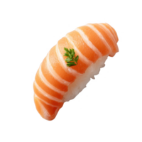 Delicious sushi piece with salmon topping, garnished with a sprig of parsley, isolated on white background for an appetizing presentation. png