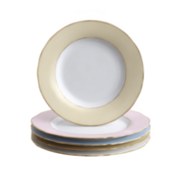 Elegant stack of fine dining plates, showcasing a delicate gold rim and subtle pastel hues, perfect for upscale dining settings and catering events png