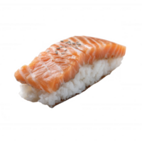 Fresh salmon sushi piece with rice, carefully presented on a white isolate background, highlighting its vibrant colors and texture, ideal for culinary and dining visuals. png