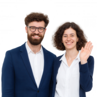 Friendly couple smiling and waving, dressed in business attire, standing together in a welcoming pose against a white isolated background. png