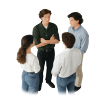 Group of four people engaged in conversation, standing in a circle with arms crossed and attentive expressions, isolated on a white background. png