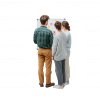 Group of three professionals collaborating and brainstorming ideas near a whiteboard filled with notes and sticky notes, showcasing teamwork and creativity in an office setting. png
