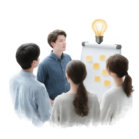 Group of professionals brainstorming ideas around a flip chart with sticky notes and a light bulb representing innovation and teamwork. png