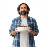 Man holding a birthday cake with candles, smiling joyfully, wearing a flannel shirt against a white isolated background. png