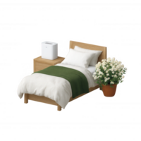 Modern bedroom setup featuring a wooden bed with a green and white comforter, a bedside table, a plant, and a white air purifier, creating a cozy and inviting atmosphere. png